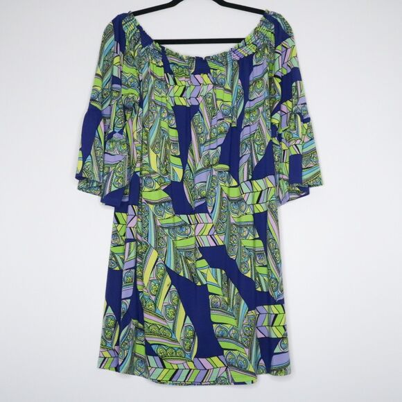 Trina Turk Womens Mini Dress Size Large Green Blue Paisley Shift Geometric‎ 70s - Picture 2 of 9